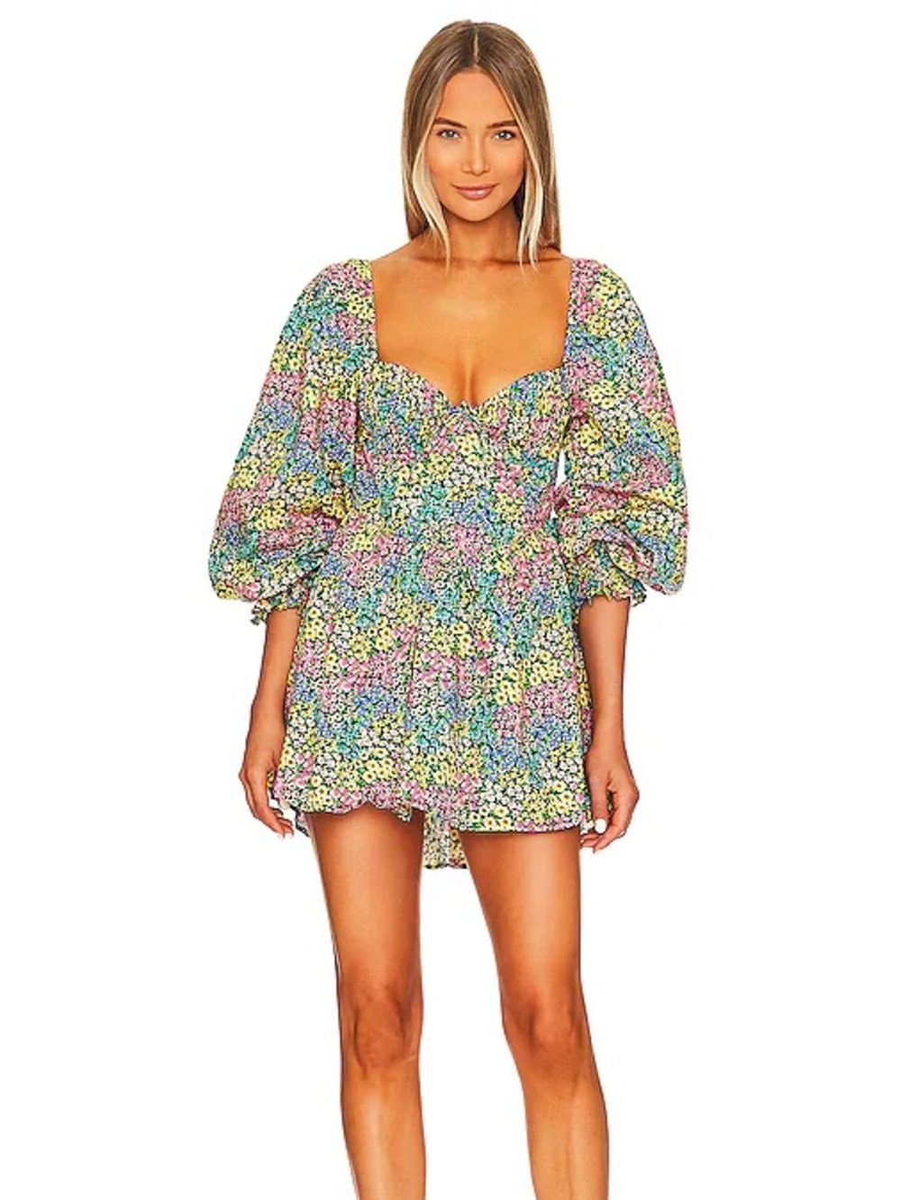 For Love & Lemons Ruth Floral Mini Dress 2X Puff Sleeve Open Back